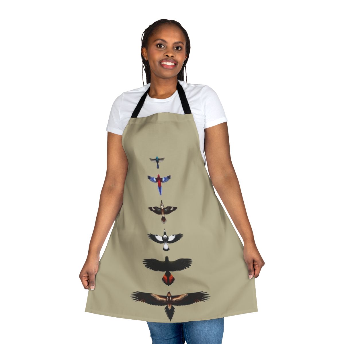 Colorful illustrated apron featuring various Australian bird species like the wedge-tailed eagle, rosella, fairy-wren, and more.