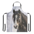 Apron featuring a beautiful black horse in a winter landscape with snow and snowflakes