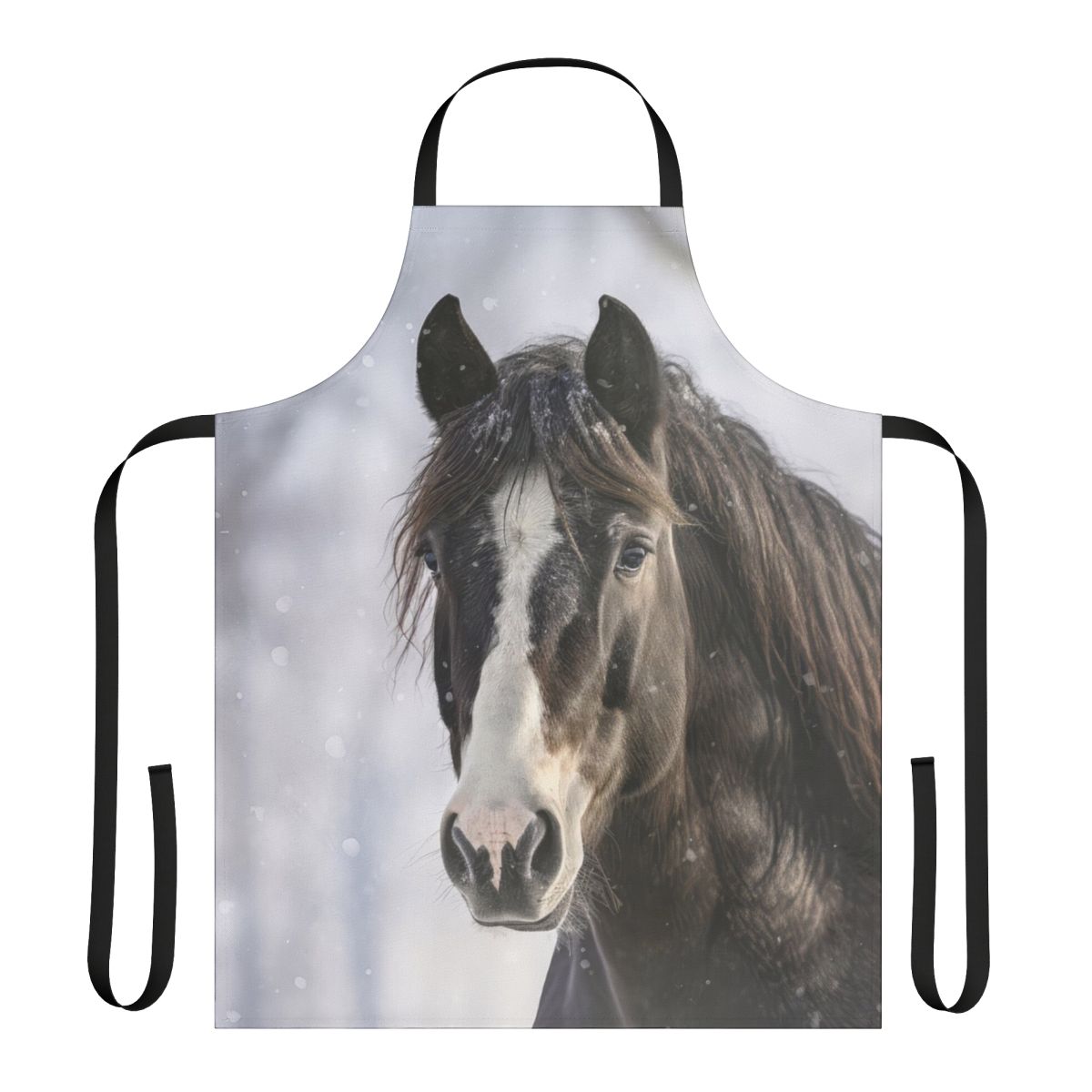 Apron featuring a beautiful black horse in a winter landscape with snow and snowflakes