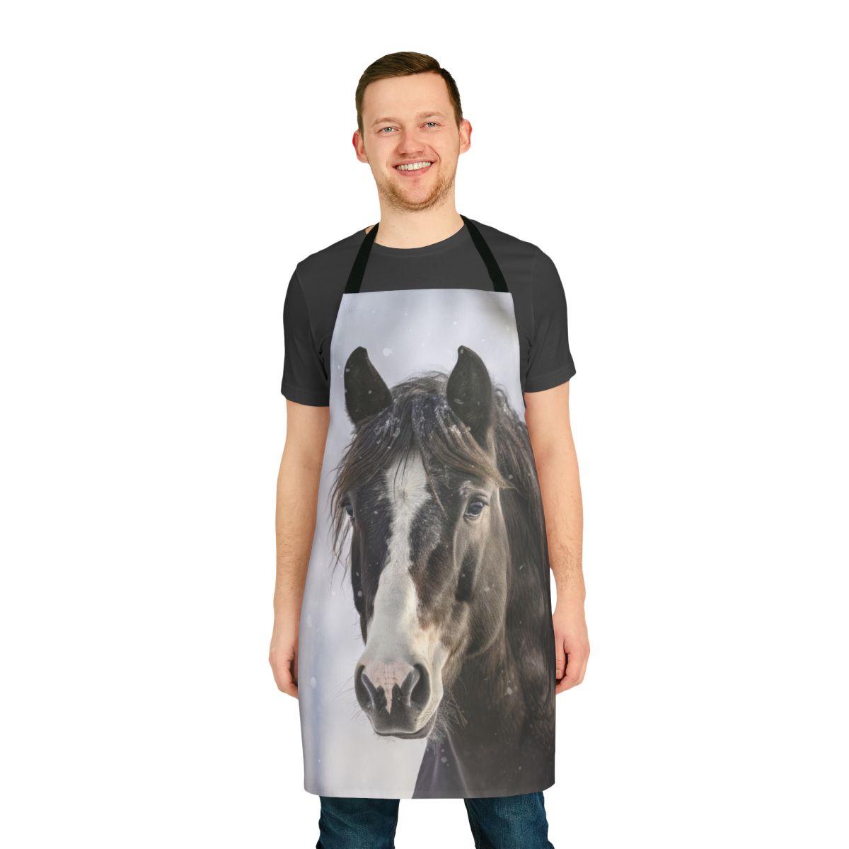 Apron featuring a beautiful black horse in a winter landscape with snow and snowflakes