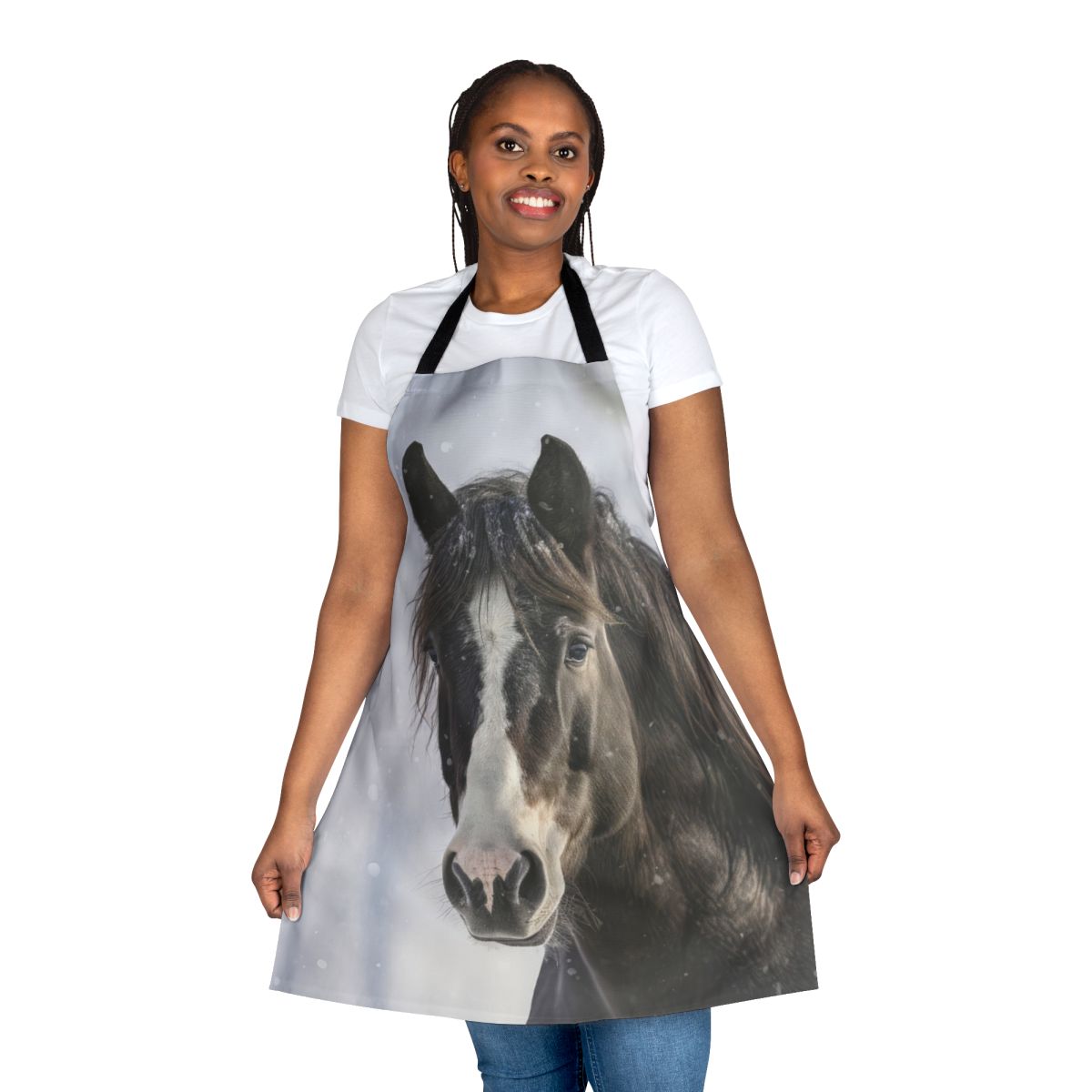 Apron featuring a beautiful black horse in a winter landscape with snow and snowflakes