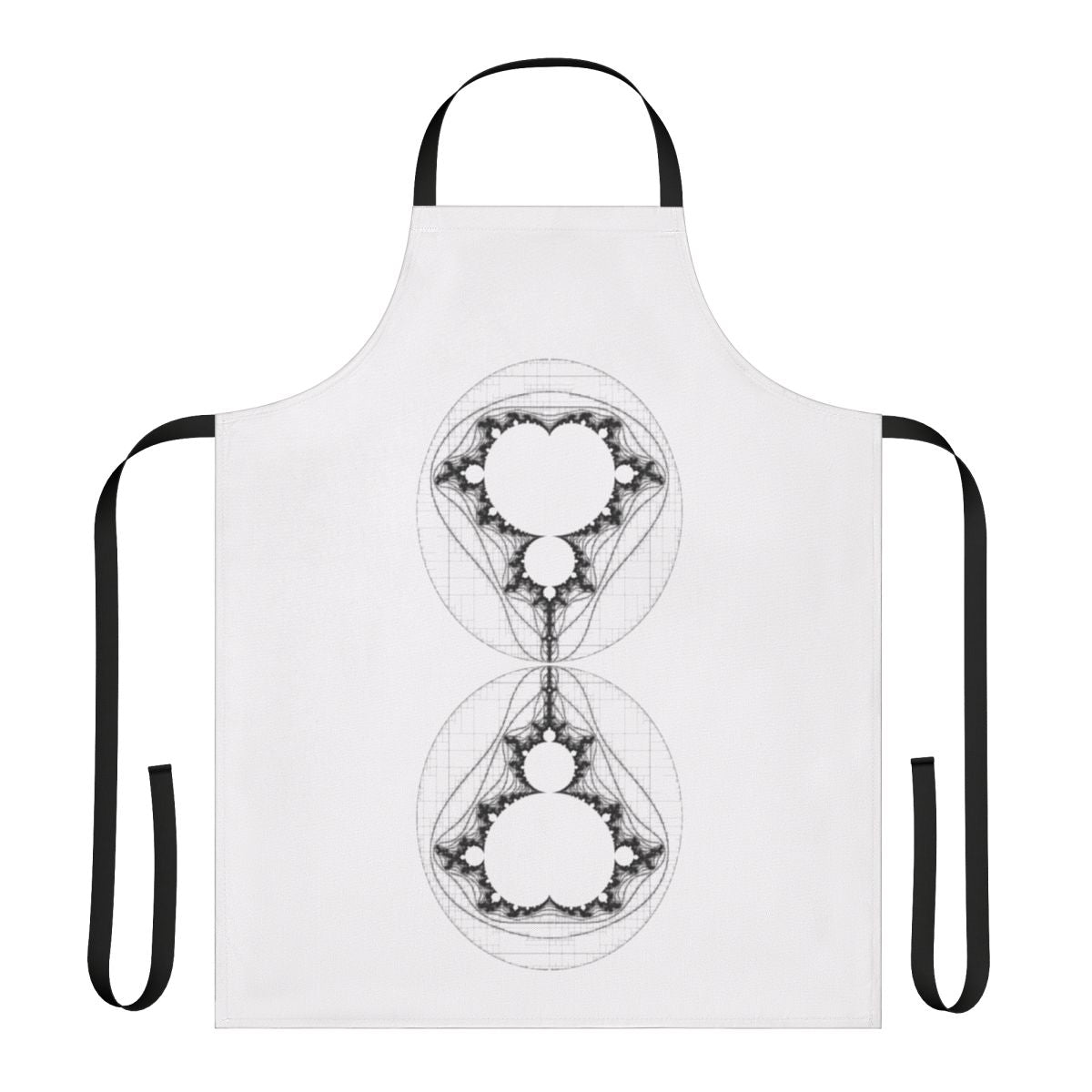 Black and white linear Mandelbrot fractal pattern printed on a high-quality apron