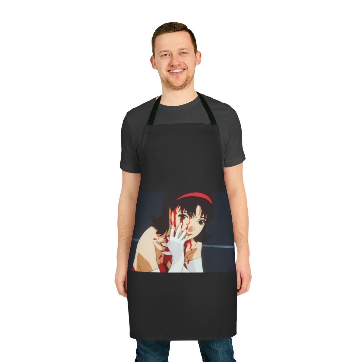 Blue apron with anime and movie-inspired design