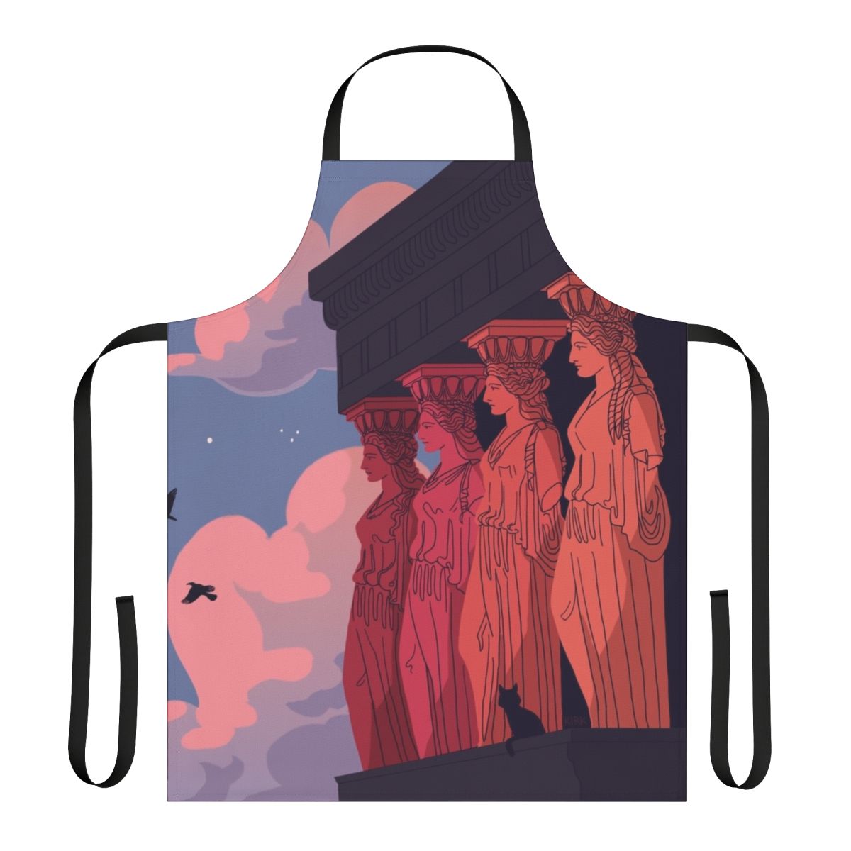 Caryatid sculpture apron featuring a captivating landscape scene from ancient Greece