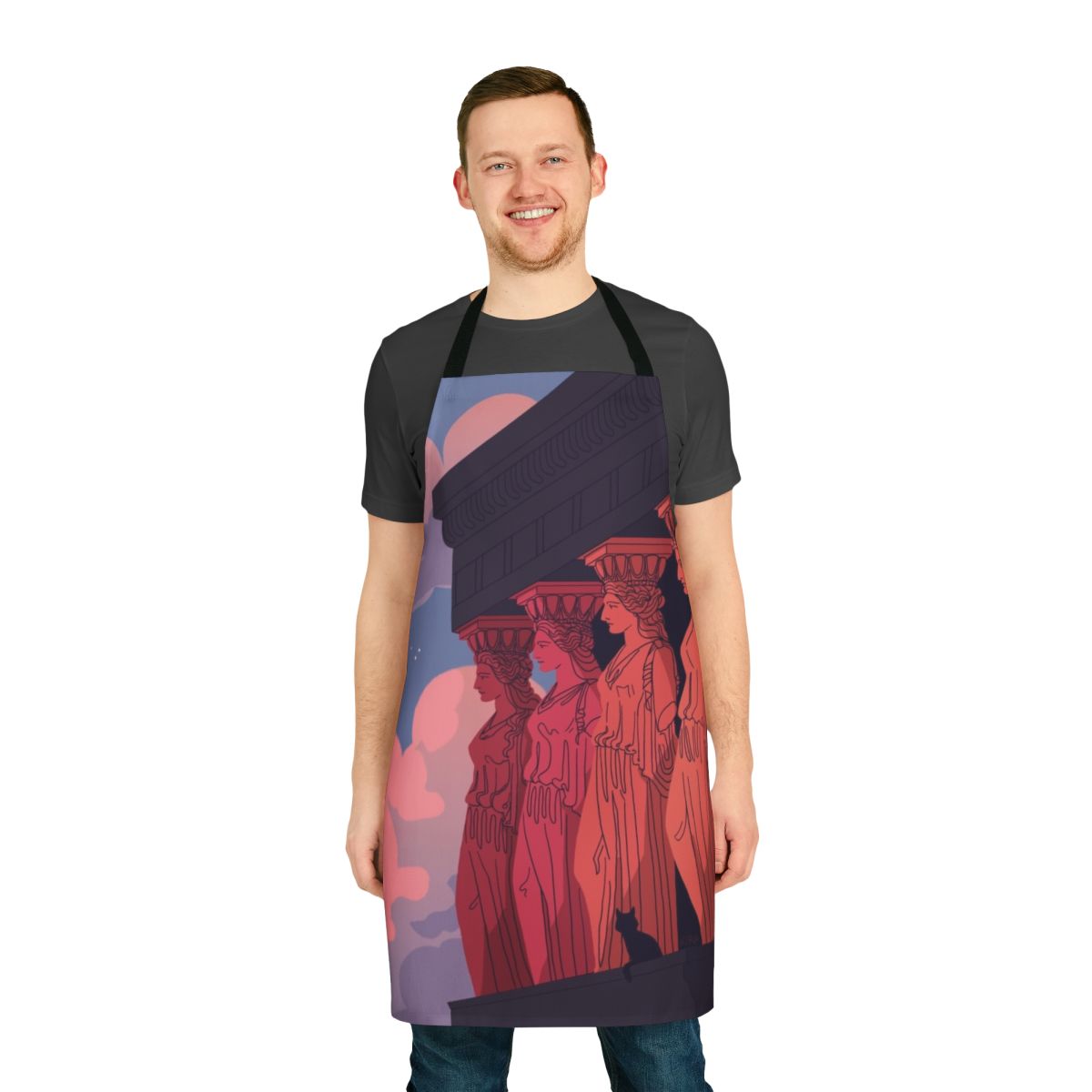 Caryatid sculpture apron featuring a captivating landscape scene from ancient Greece