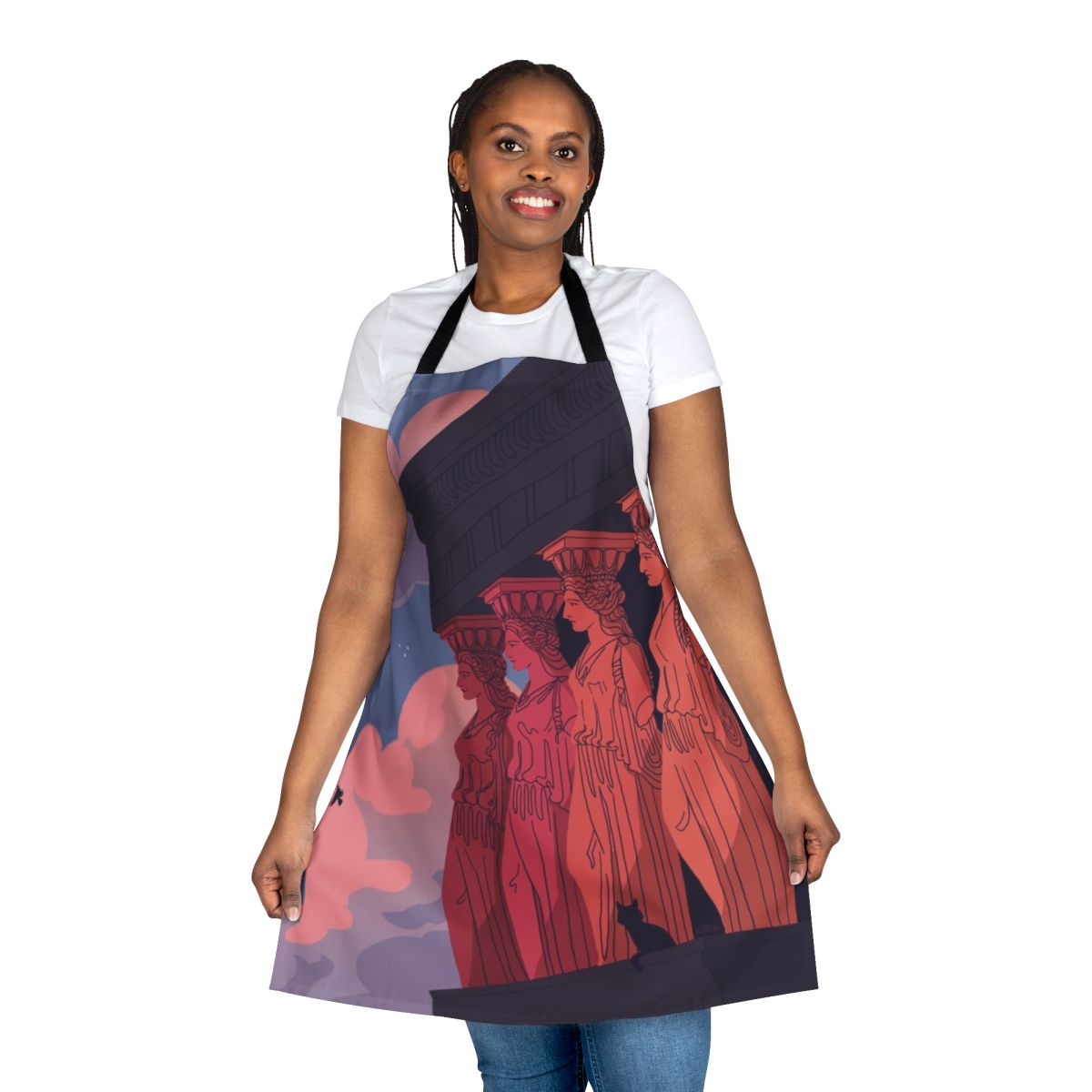 Caryatid sculpture apron featuring a captivating landscape scene from ancient Greece