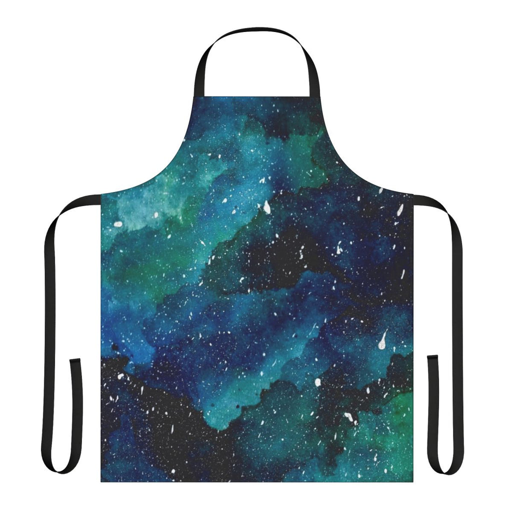 Emerald galaxy-patterned apron with stars, planets, and space motifs