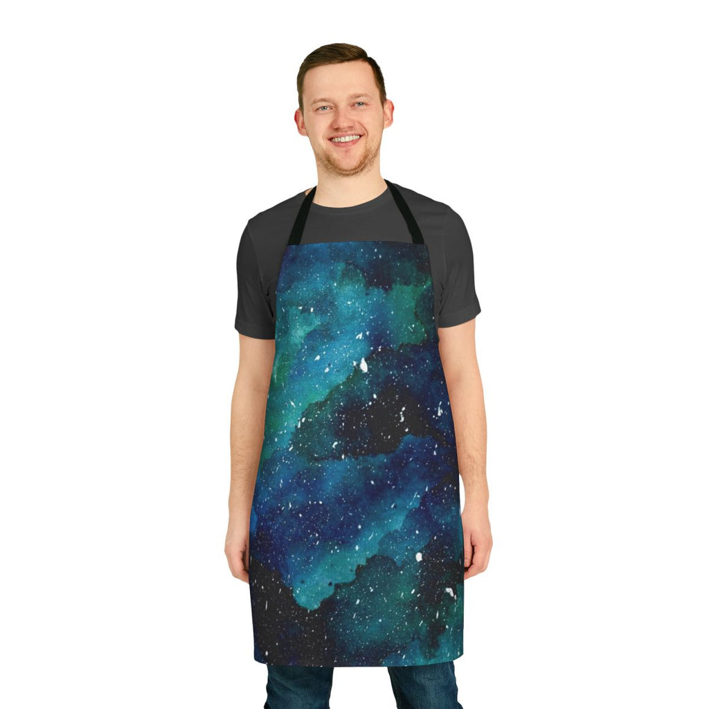 Emerald galaxy-patterned apron with stars, planets, and space motifs