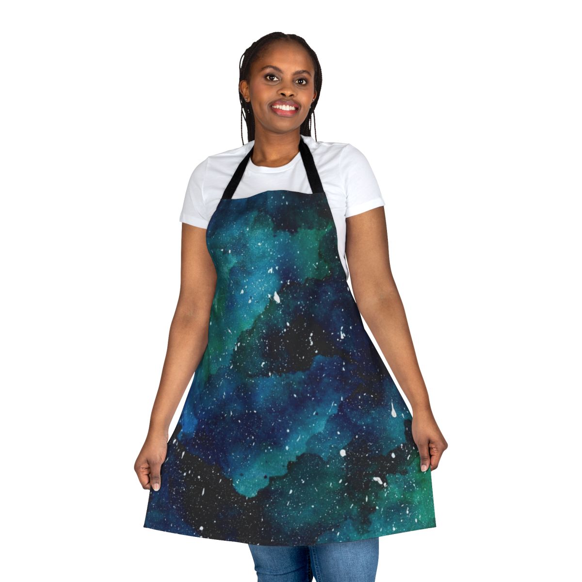 Emerald galaxy-patterned apron with stars, planets, and space motifs