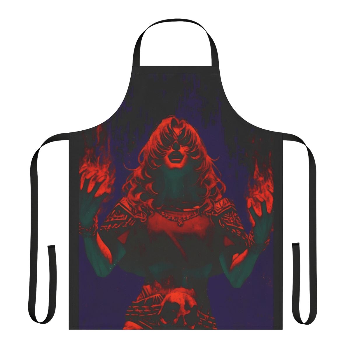 A visually striking apron featuring a fire elemental design, perfect for fans of fantasy art and dark fantasy aesthetics.