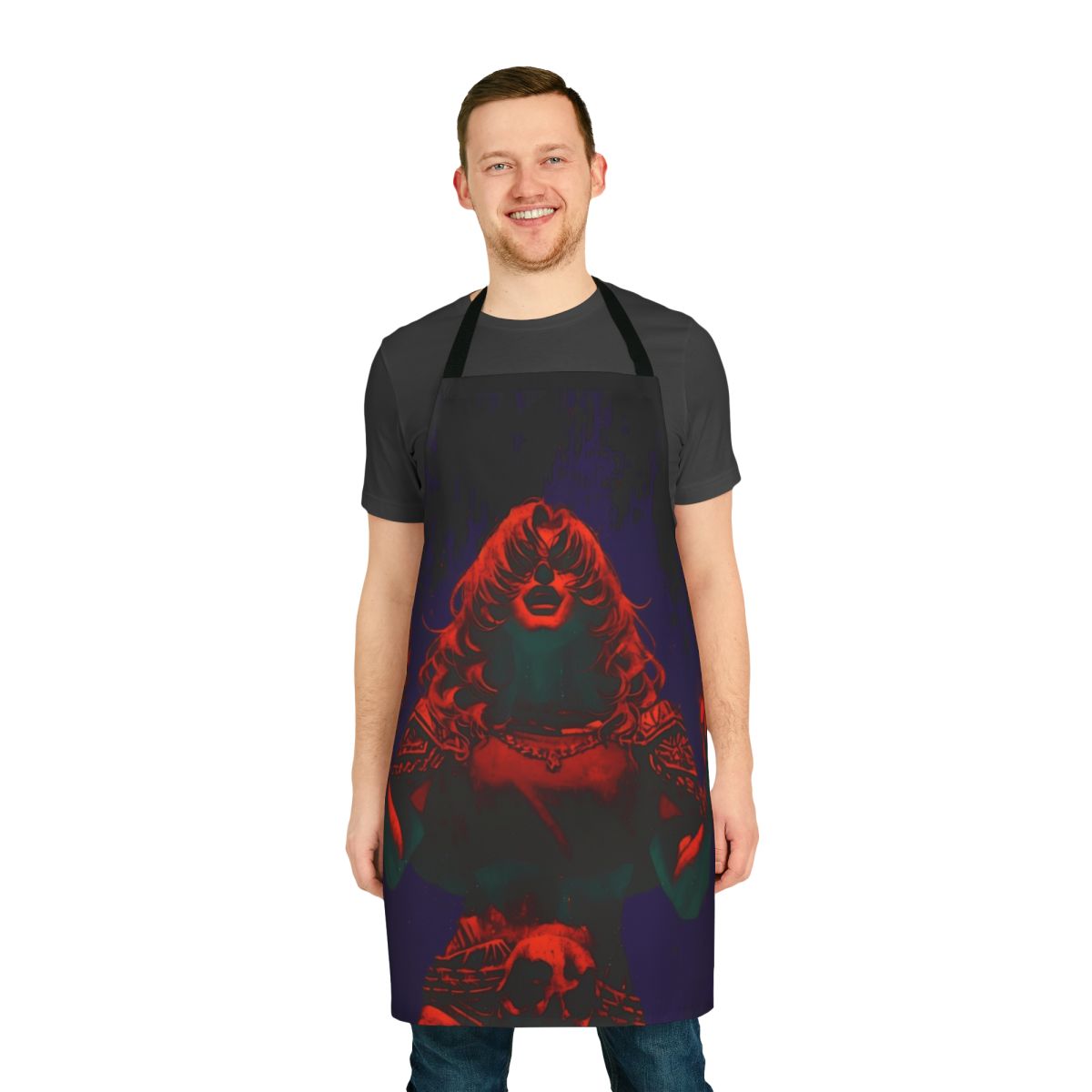 A visually striking apron featuring a fire elemental design, perfect for fans of fantasy art and dark fantasy aesthetics.