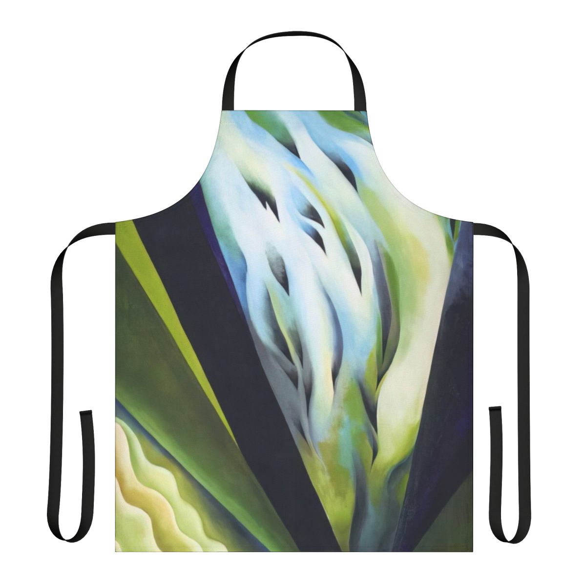 A beautiful, nature-inspired apron featuring a floral abstract design in the style of renowned American modernist artist Georgia O'Keeffe.