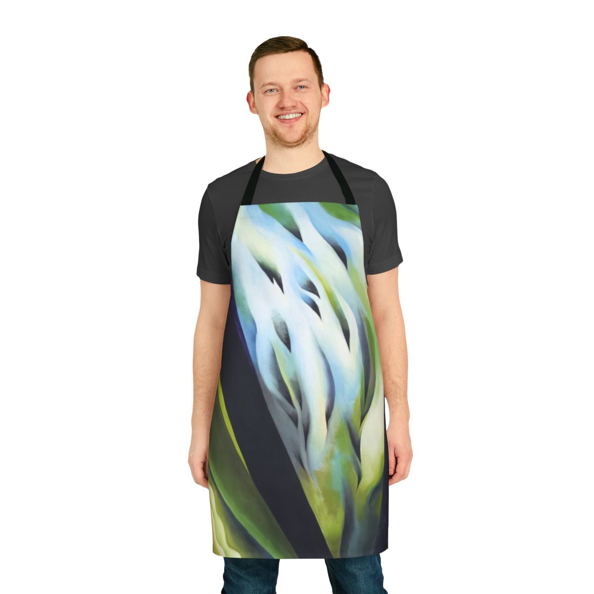 A beautiful, nature-inspired apron featuring a floral abstract design in the style of renowned American modernist artist Georgia O'Keeffe.