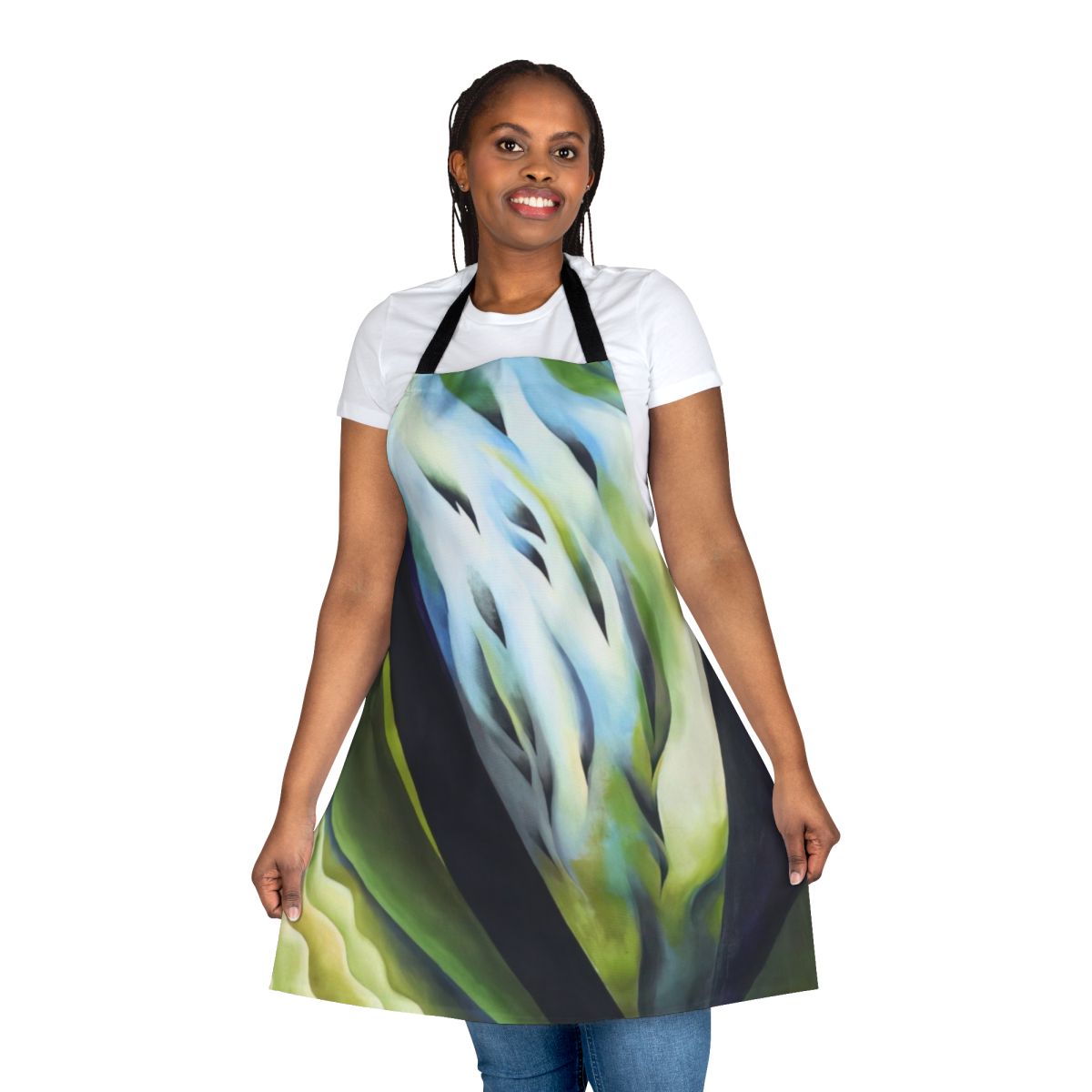 A beautiful, nature-inspired apron featuring a floral abstract design in the style of renowned American modernist artist Georgia O'Keeffe.