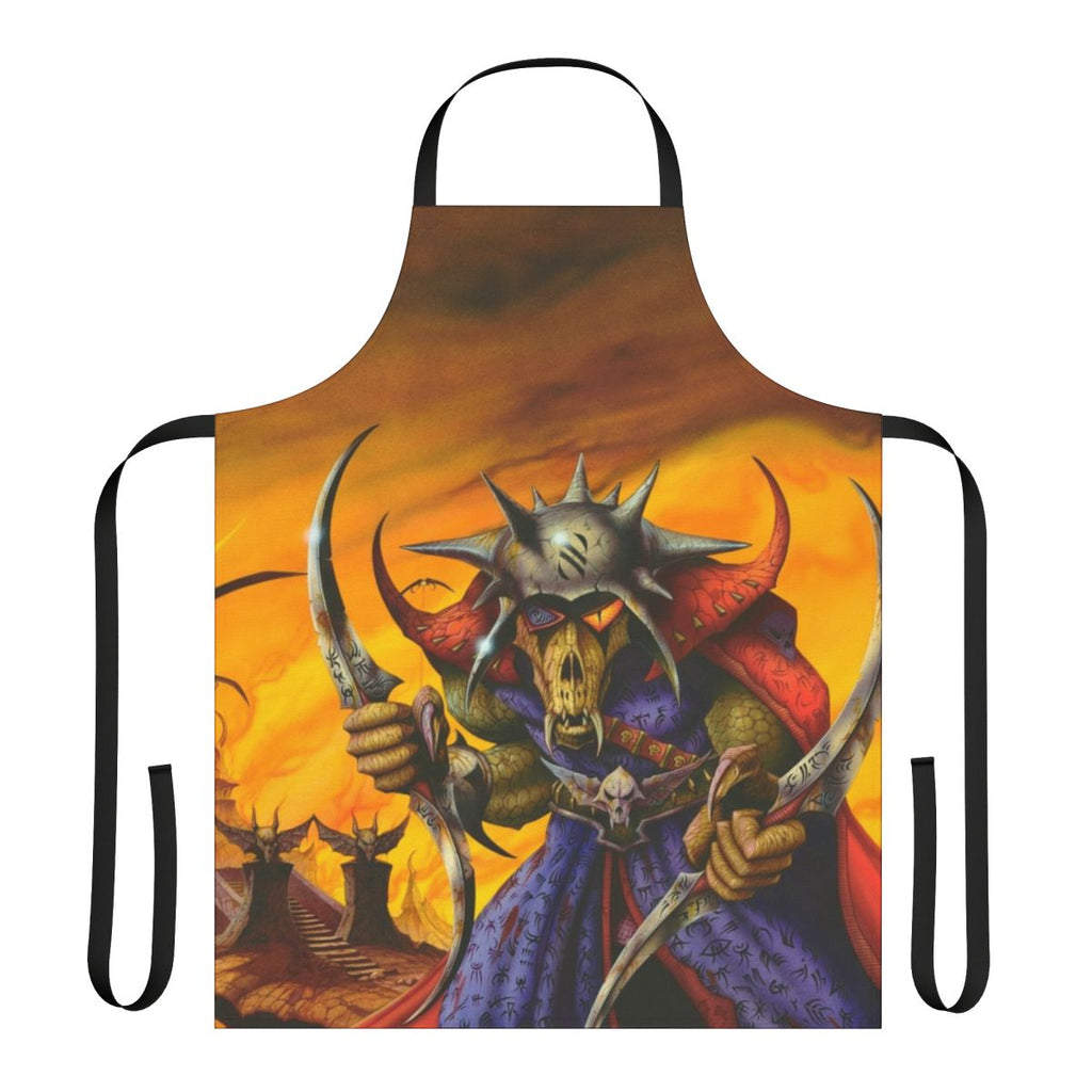 Heavy metal inspired fantasy apron featuring fiery skulls, snakes, and bats