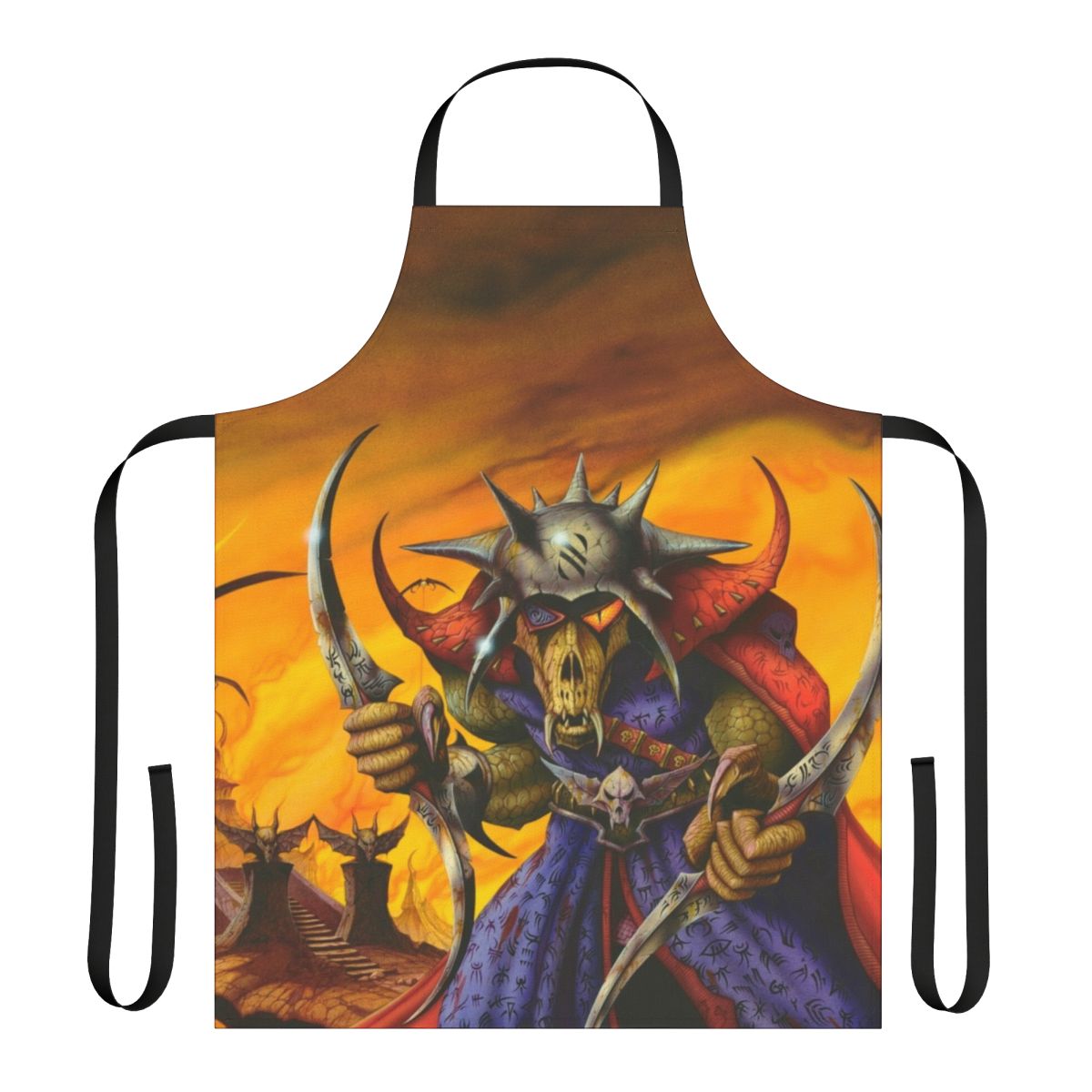 Heavy metal inspired fantasy apron featuring fiery skulls, snakes, and bats