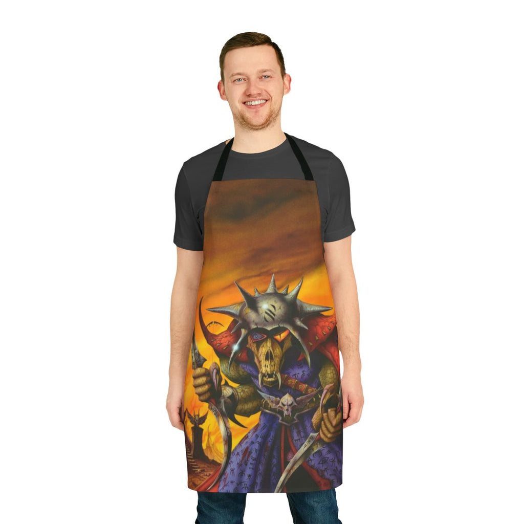 Heavy metal inspired fantasy apron featuring fiery skulls, snakes, and bats