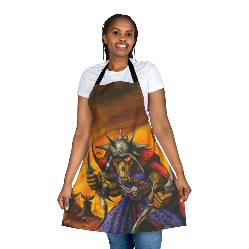 Heavy metal inspired fantasy apron featuring fiery skulls, snakes, and bats