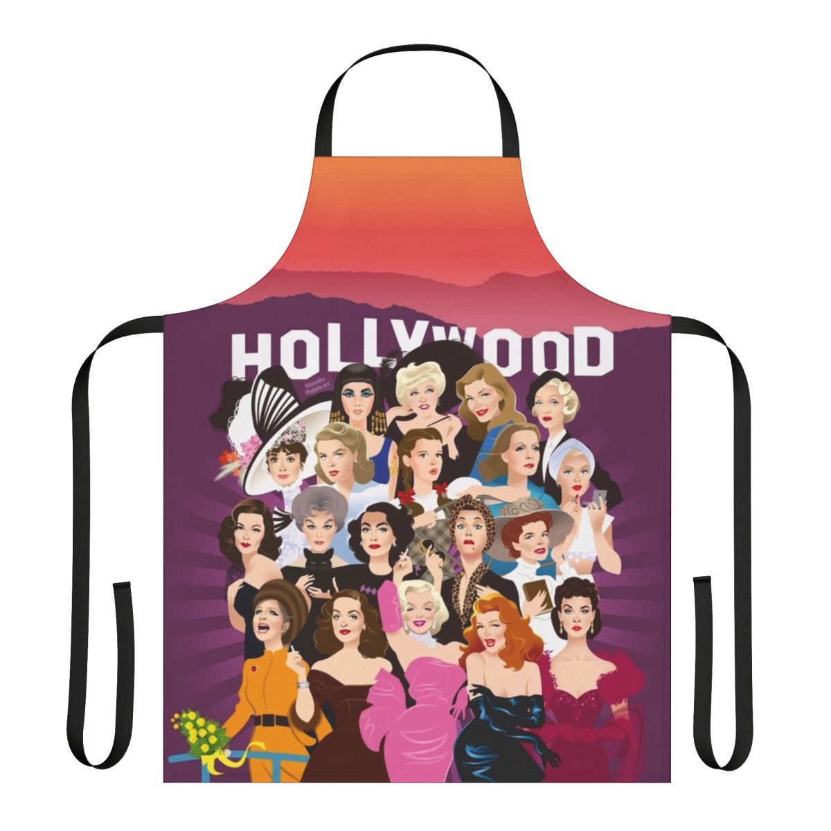 Vibrant and eye-catching apron featuring Alejandro Mogollo's distinctive Hollywood-themed art.