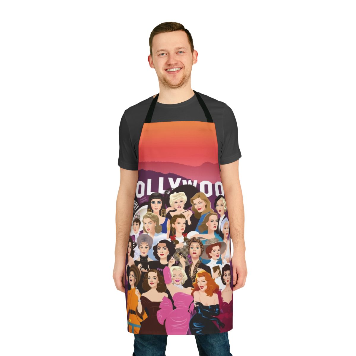 Vibrant and eye-catching apron featuring Alejandro Mogollo's distinctive Hollywood-themed art.