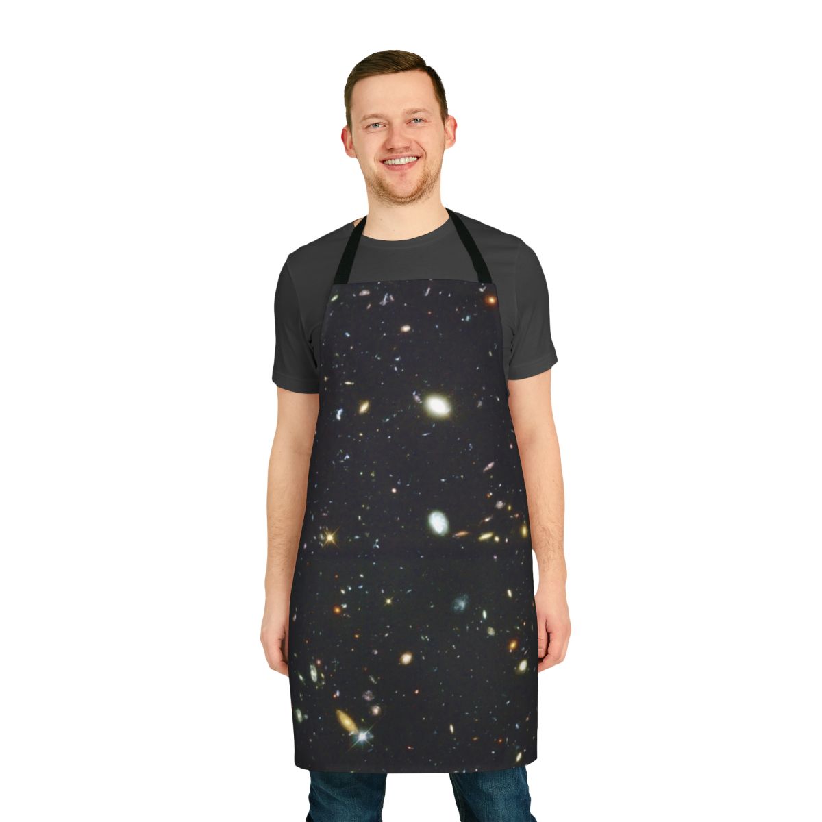 Vibrant apron featuring the iconic Hubble Deep Field image, showcasing the beauty of the universe.