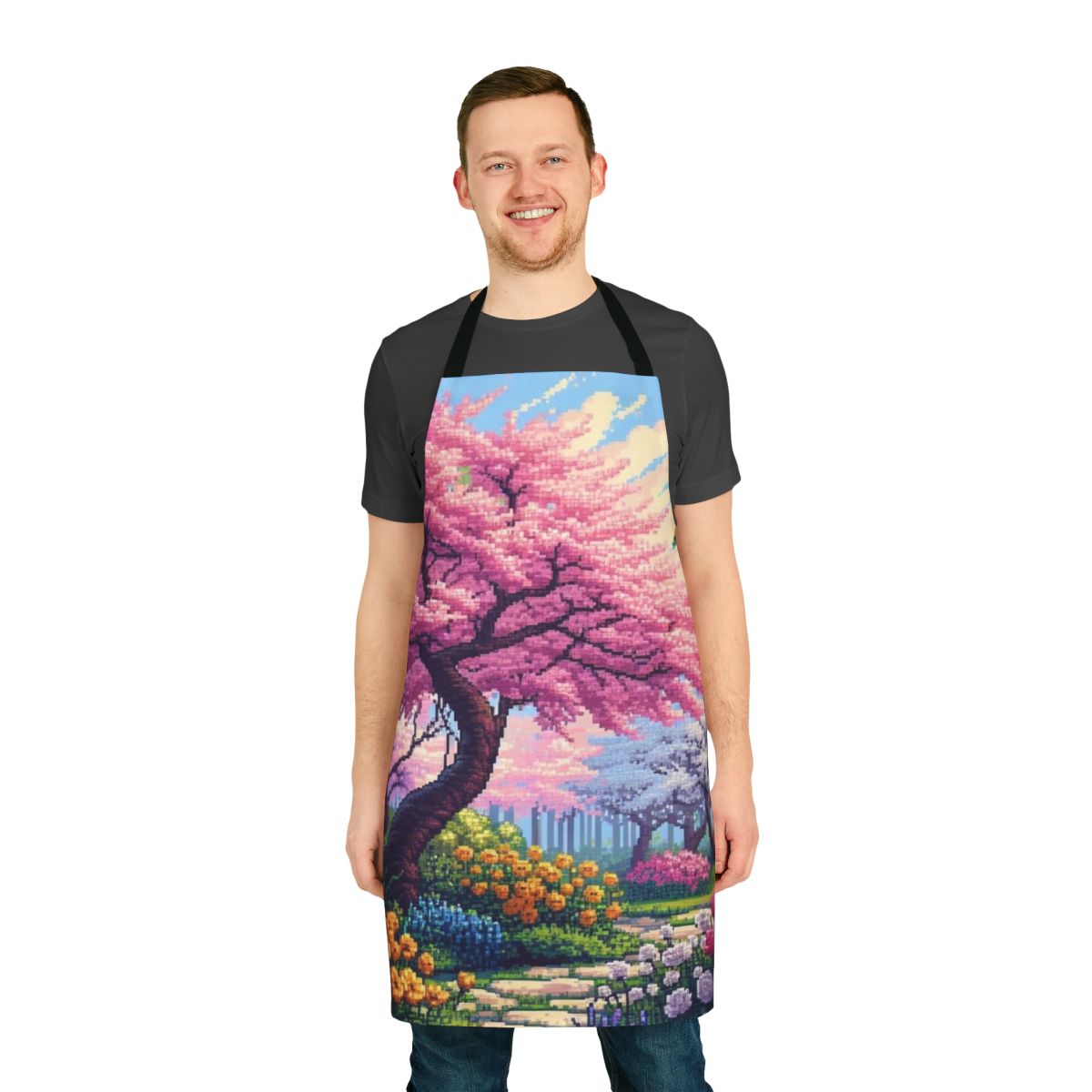 Vibrant pink cherry blossoms on a Japanese-style apron with nature-inspired artwork