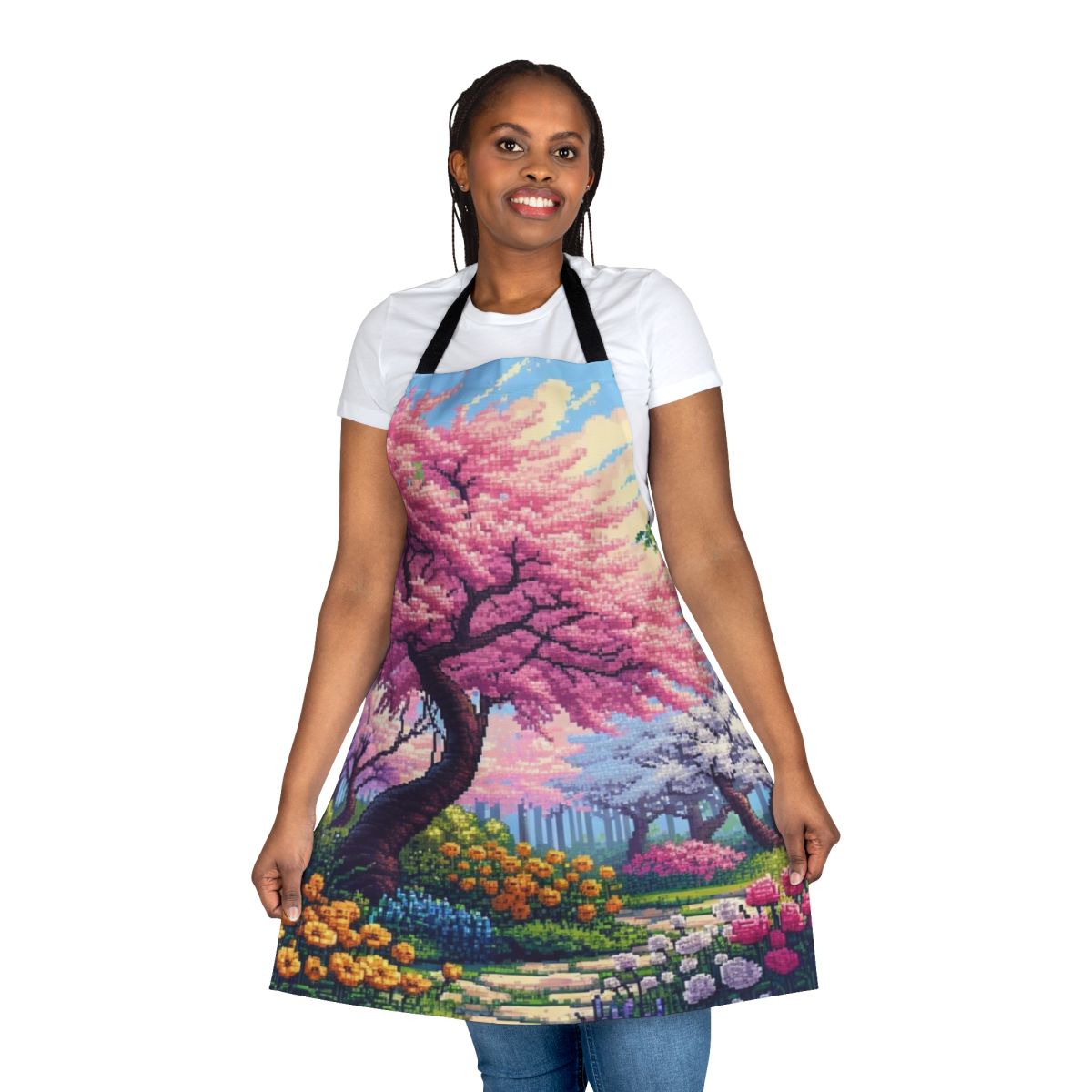 Vibrant pink cherry blossoms on a Japanese-style apron with nature-inspired artwork