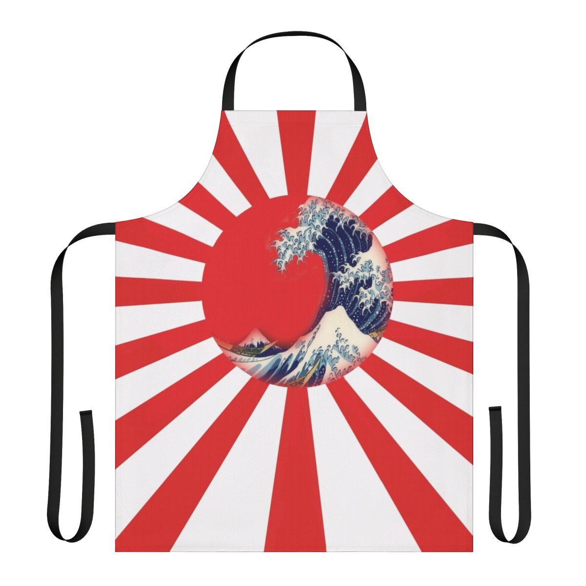 A beautiful apron featuring the iconic "Great Wave off Kanagawa" design by the renowned Japanese artist Hokusai, along with the rising sun motif.