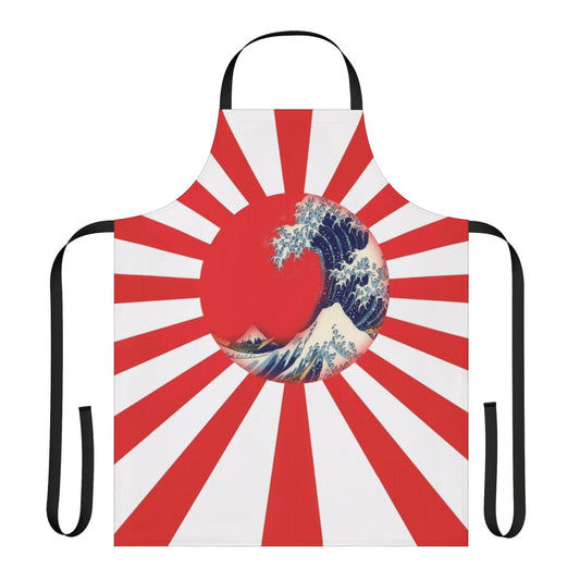 A beautiful apron featuring the iconic "Great Wave off Kanagawa" design by the renowned Japanese artist Hokusai, along with the rising sun motif.