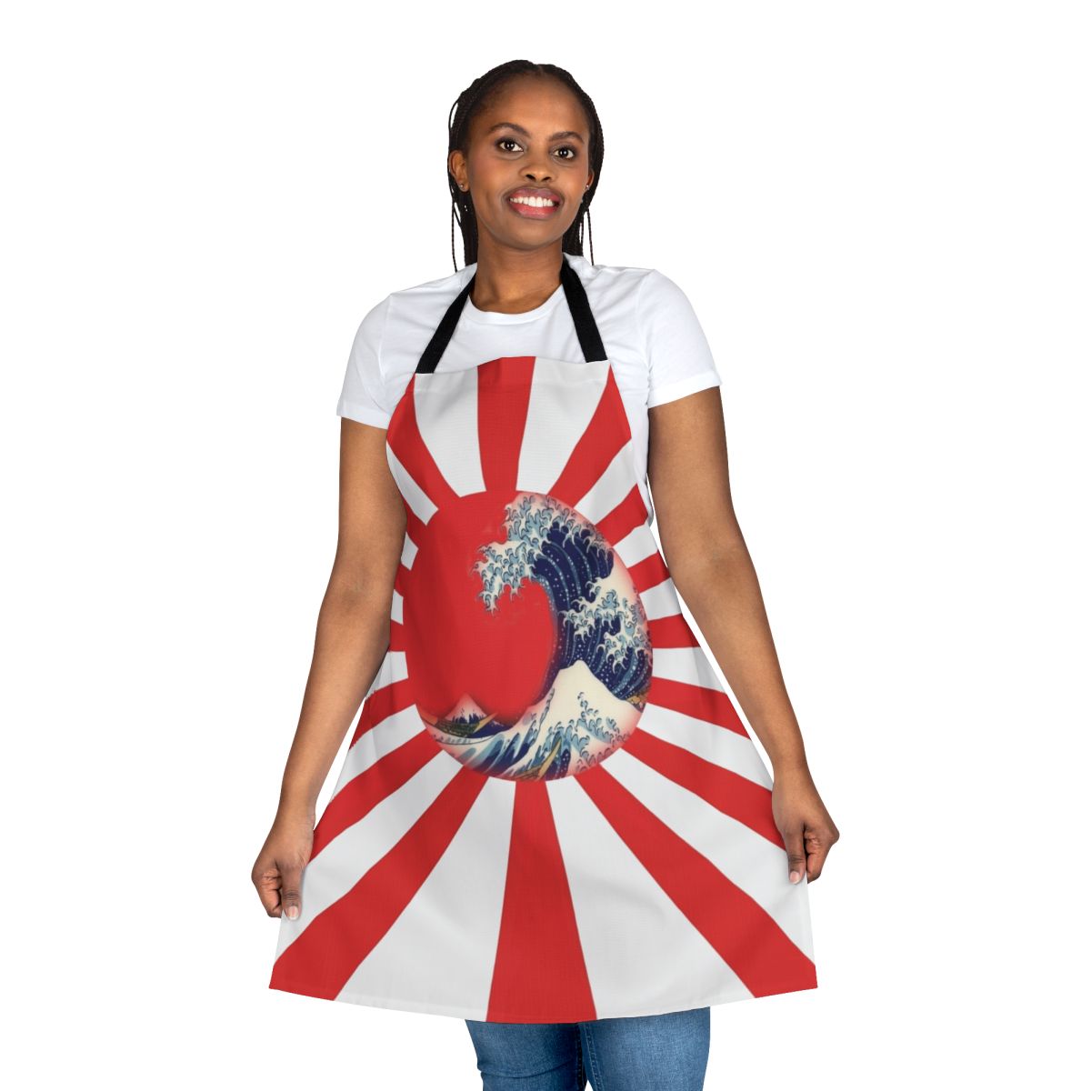 A beautiful apron featuring the iconic "Great Wave off Kanagawa" design by the renowned Japanese artist Hokusai, along with the rising sun motif.