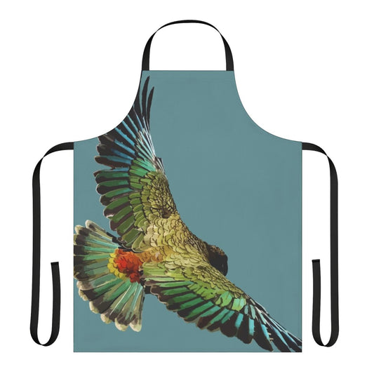 Vibrant apron featuring the distinctive features of the New Zealand Kea, a unique alpine parrot