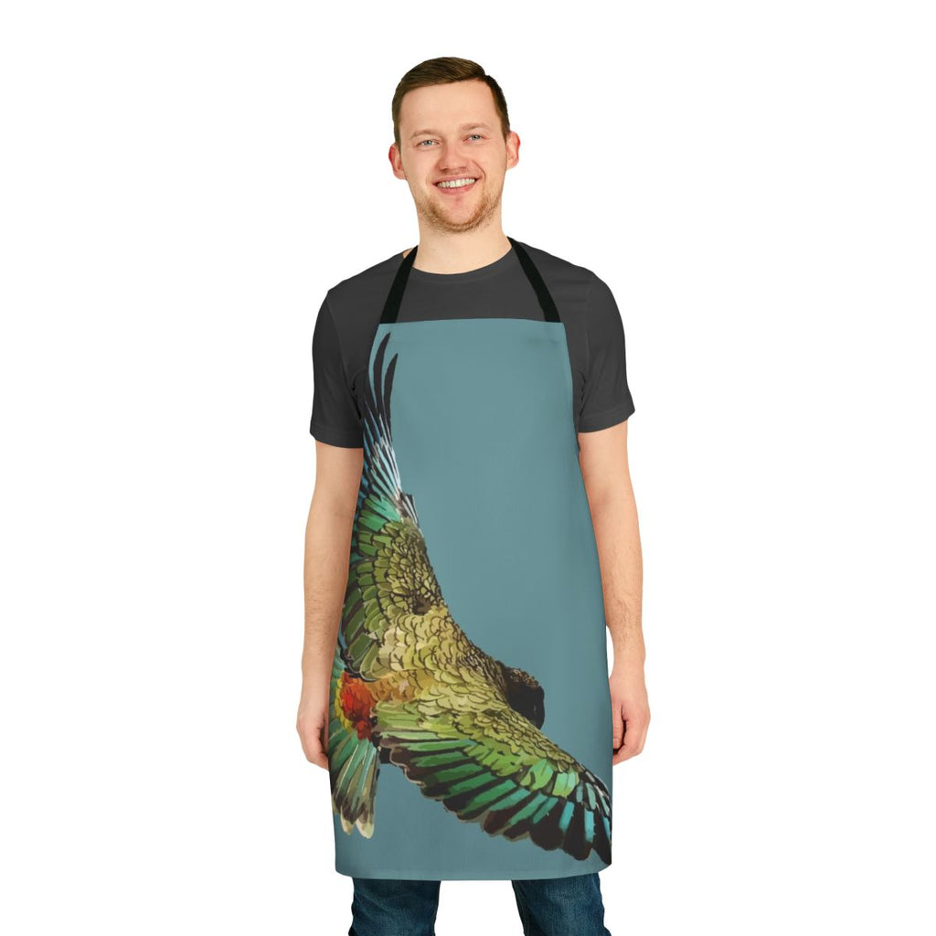 Vibrant apron featuring the distinctive features of the New Zealand Kea, a unique alpine parrot
