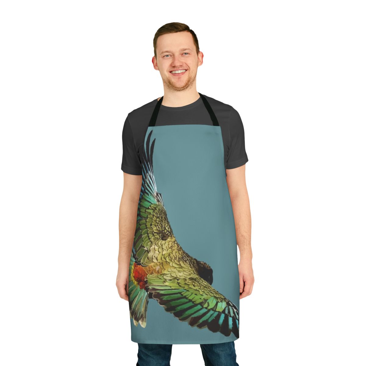Vibrant apron featuring the distinctive features of the New Zealand Kea, a unique alpine parrot