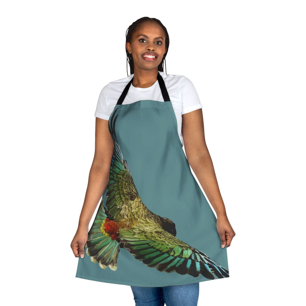 Vibrant apron featuring the distinctive features of the New Zealand Kea, a unique alpine parrot