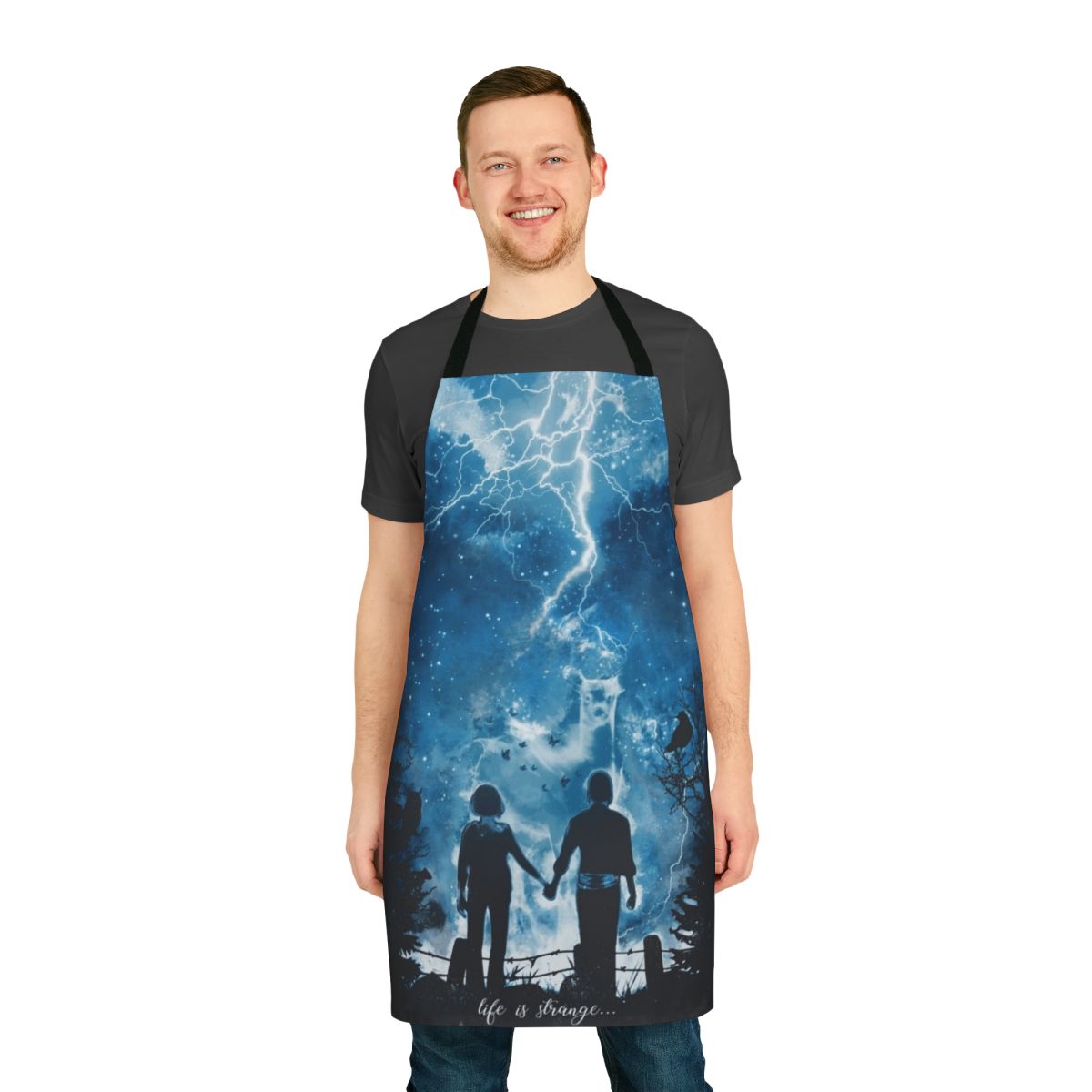 Vibrant apron featuring a stormy sky, deer, and butterfly design inspired by the video game "Life Is Strange"