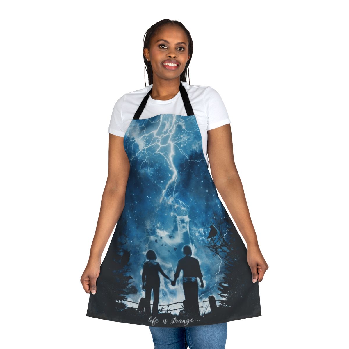 Vibrant apron featuring a stormy sky, deer, and butterfly design inspired by the video game "Life Is Strange"