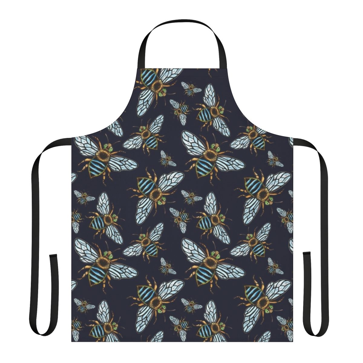 Handcrafted lino print blue banded bee design apron