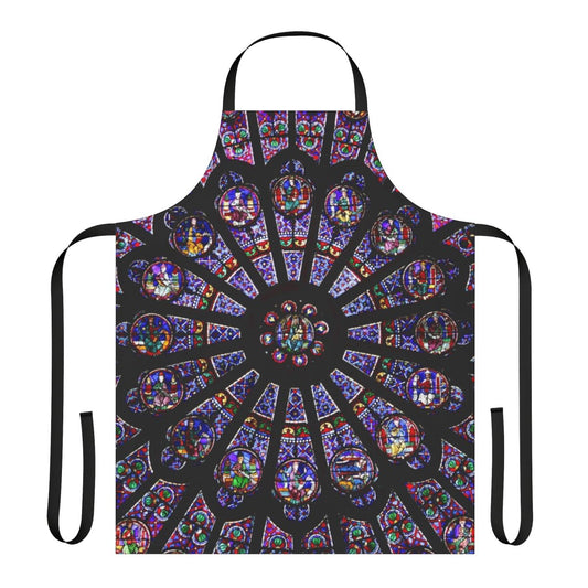 Beautifully detailed apron featuring the iconic rose window of the Notre Dame Cathedral in Paris.
