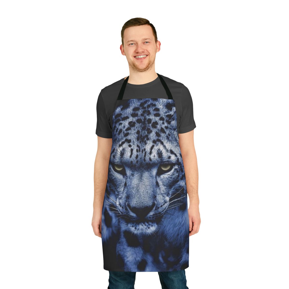 Snow leopard print apron featuring powerful big cat design