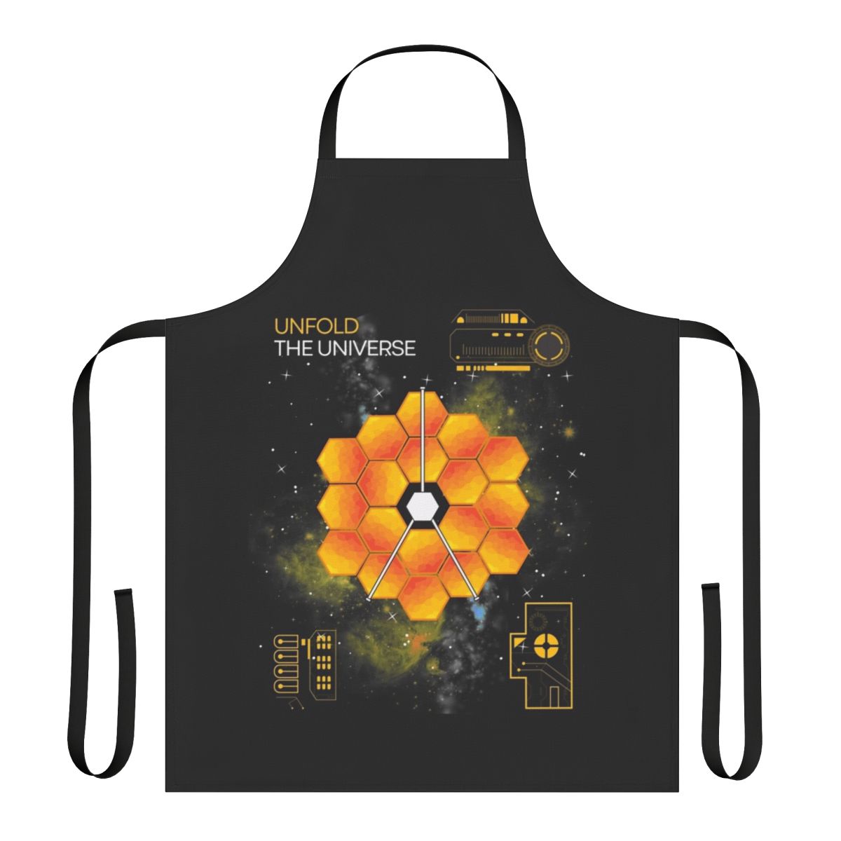 Apron featuring a stylized design inspired by the James Webb Space Telescope and the wonders of the universe