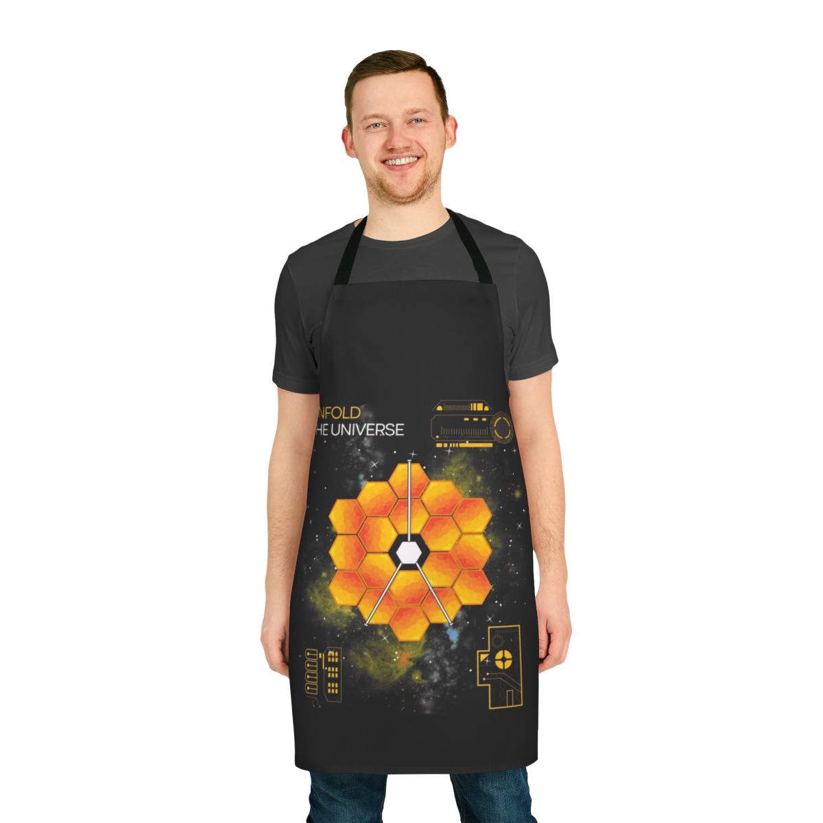 Apron featuring a stylized design inspired by the James Webb Space Telescope and the wonders of the universe