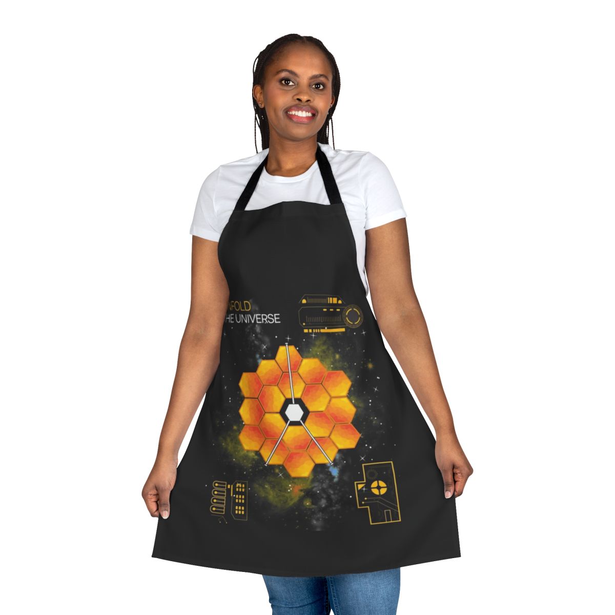 Apron featuring a stylized design inspired by the James Webb Space Telescope and the wonders of the universe