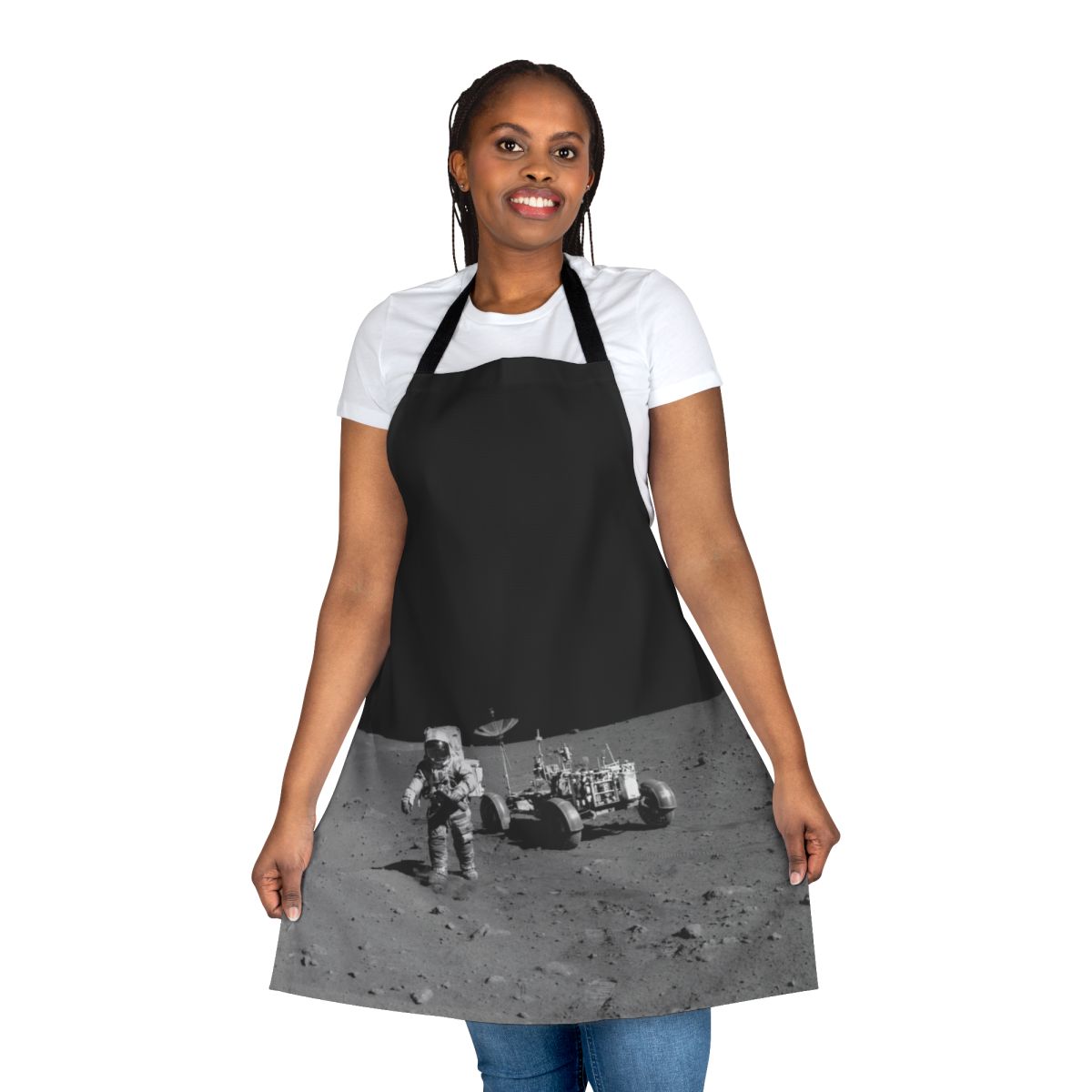 Vibrant space-inspired apron featuring planetary and nebula designs