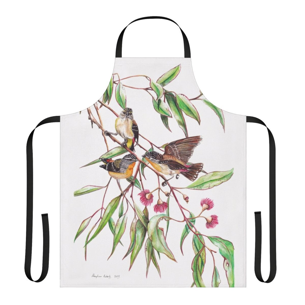 Watercolor illustration of spotted pardalotes perched on a pink flowering gum tree branch.
