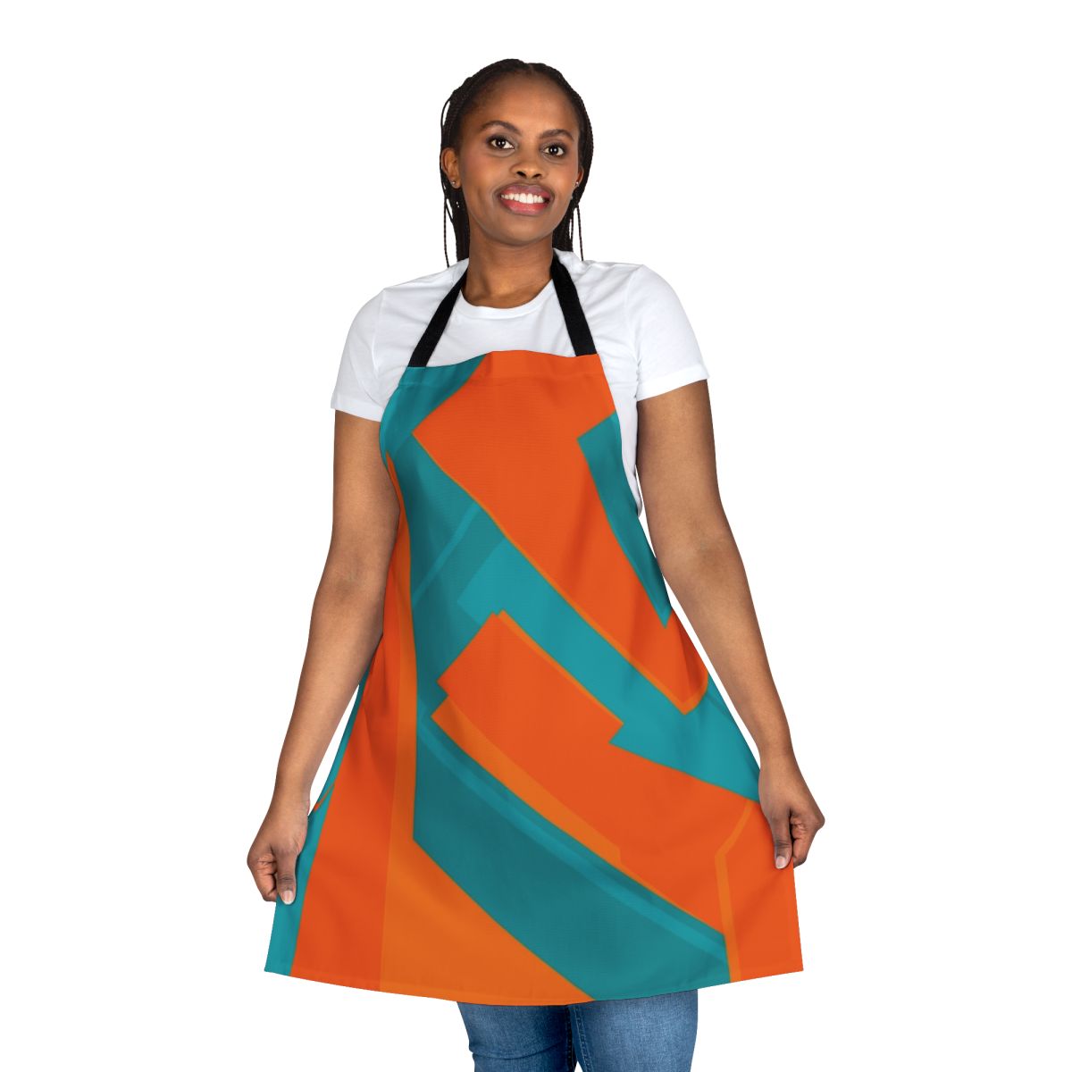 Teal and orange geometric abstract art design on an apron