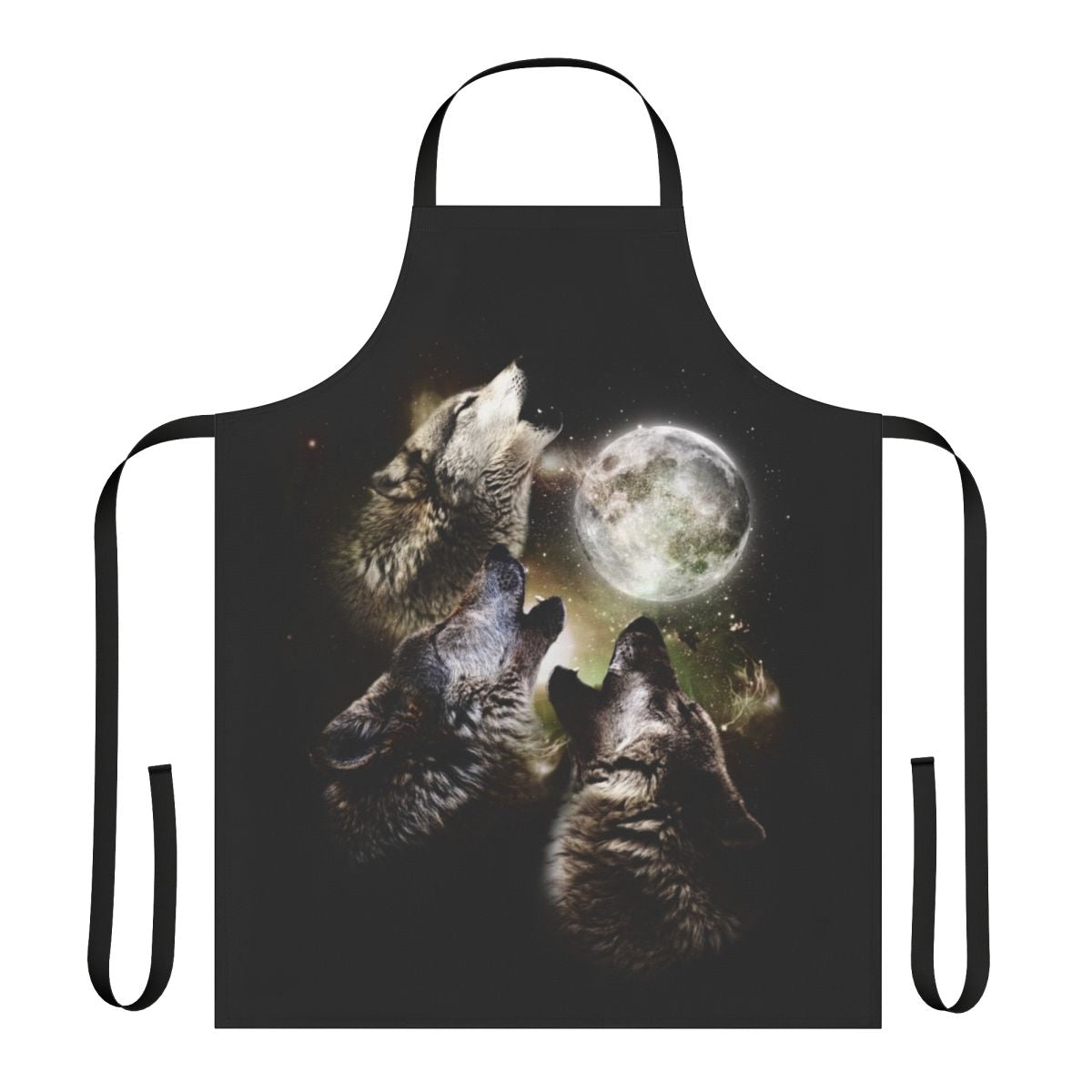 Apron featuring a striking design of three wolves howling at the full moon