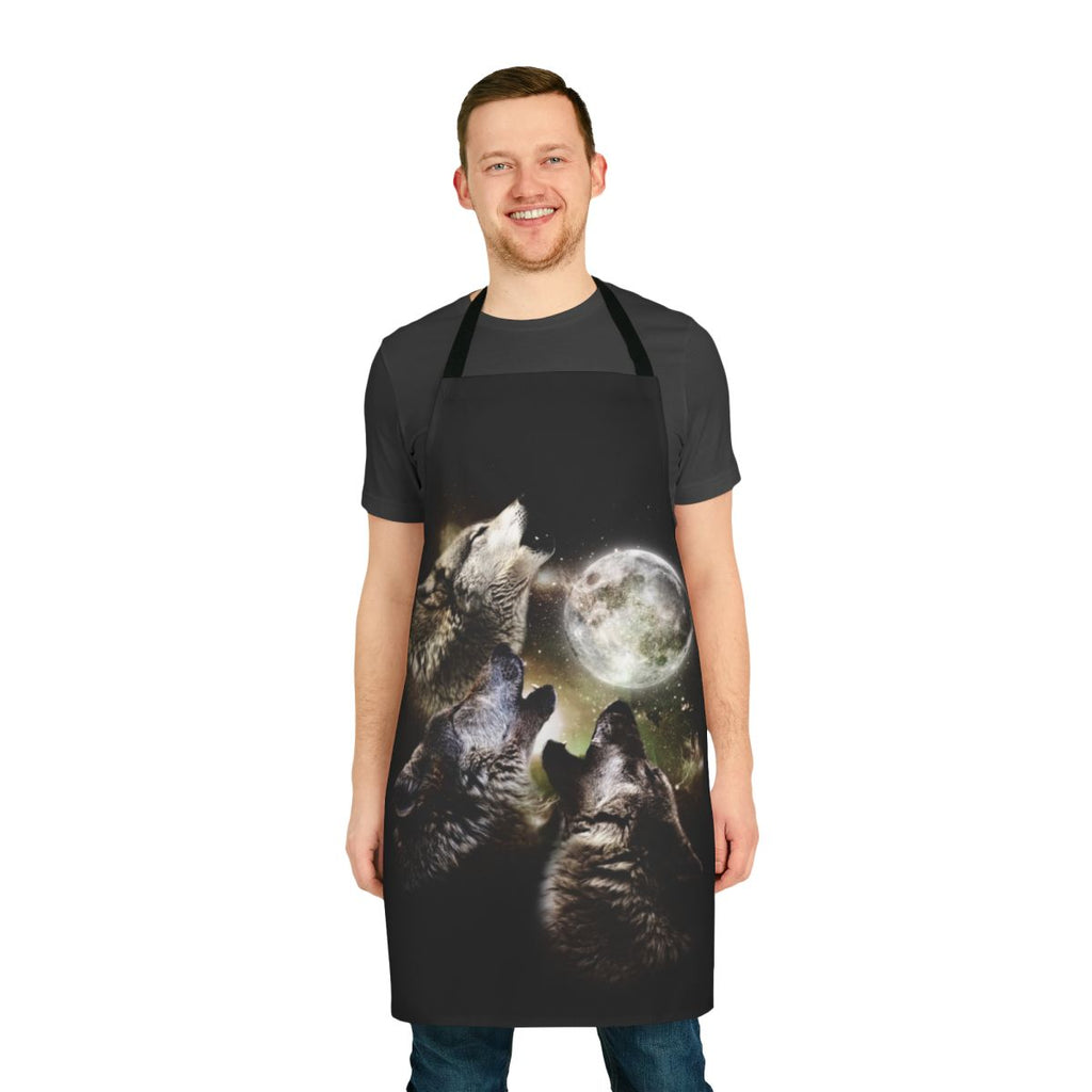 Apron featuring a striking design of three wolves howling at the full moon