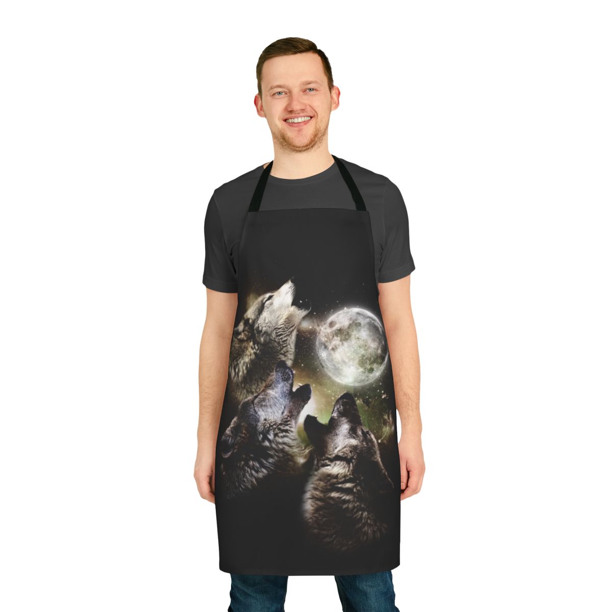 Apron featuring a striking design of three wolves howling at the full moon