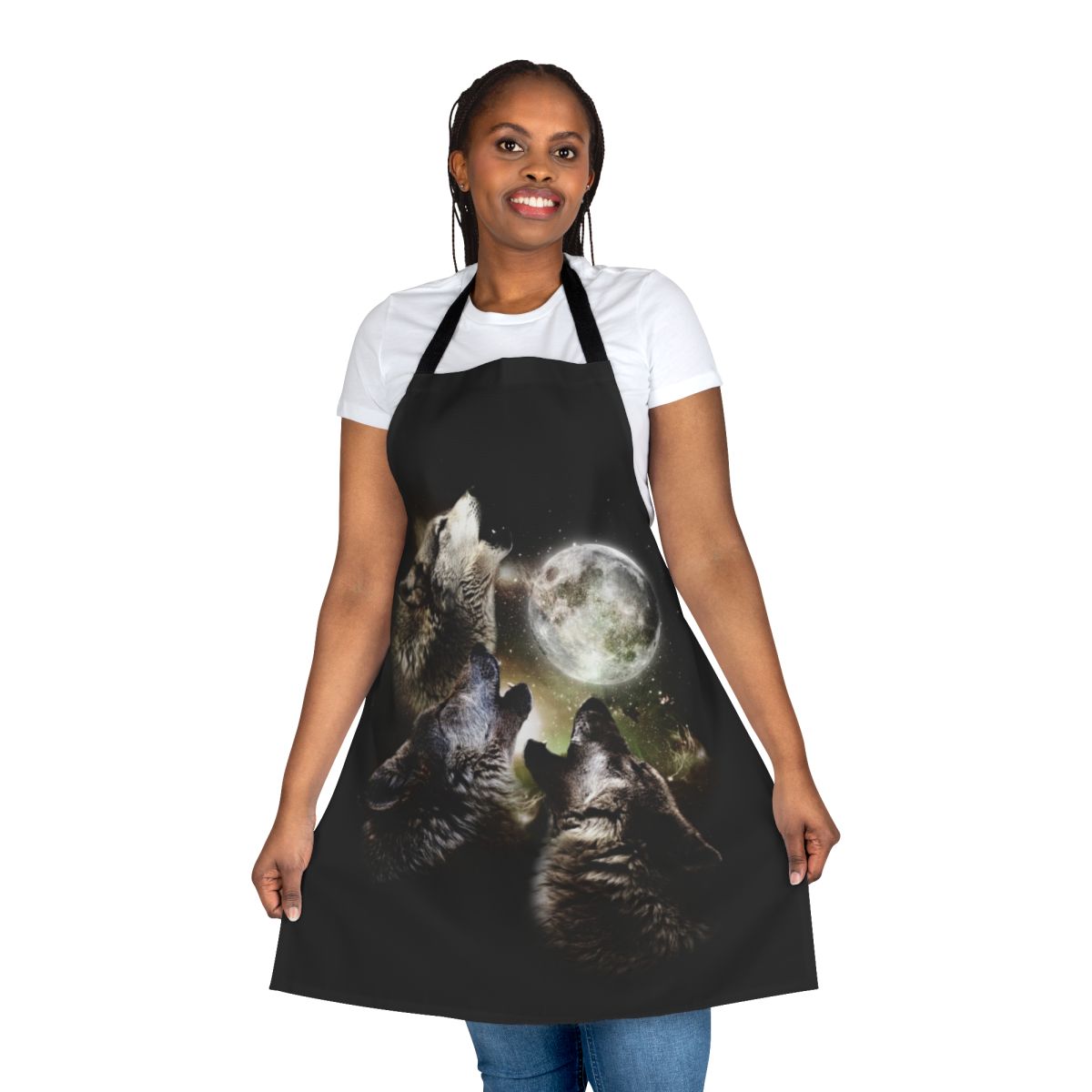 Apron featuring a striking design of three wolves howling at the full moon
