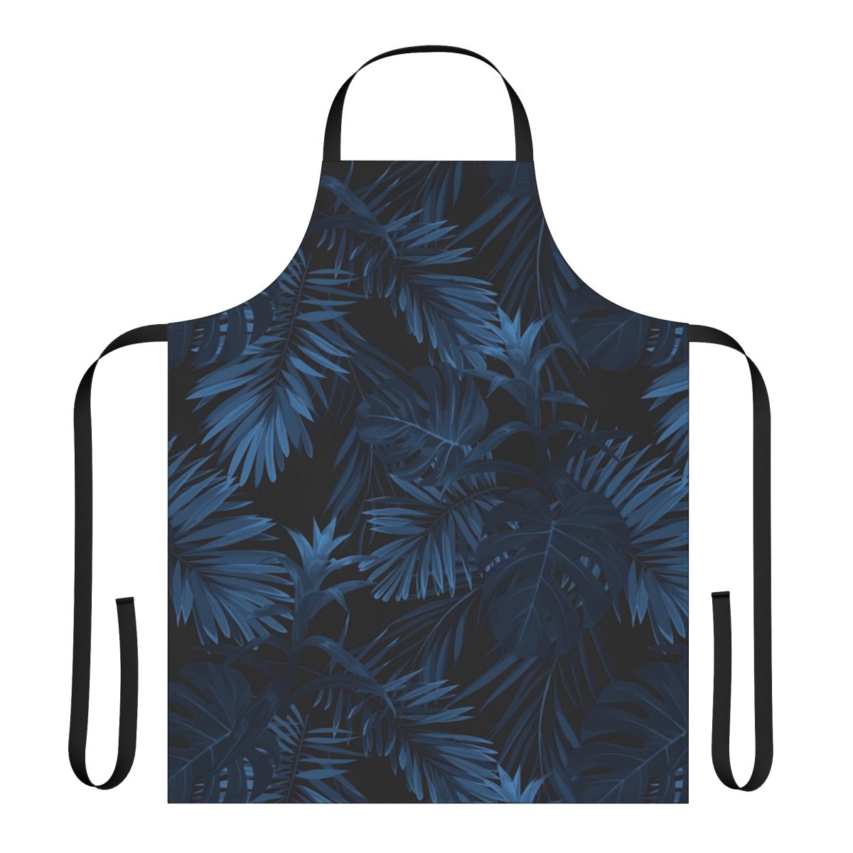 A stylish dark indigo apron featuring tropical floral and leaf patterns.